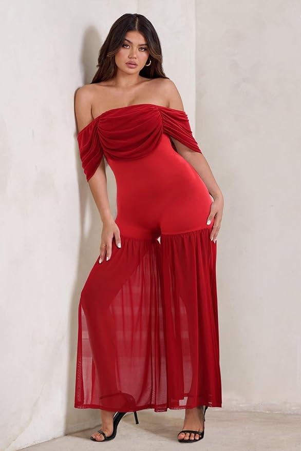 Red Draped Mesh Strapless Style Jumpsuit - ZyraLux Skirt