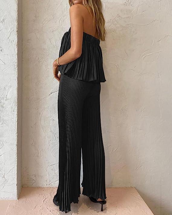 Exclusive Hunter Green Pleated Strapless Wide Leg Jumpsuit - ZyraLux Jumpsuit