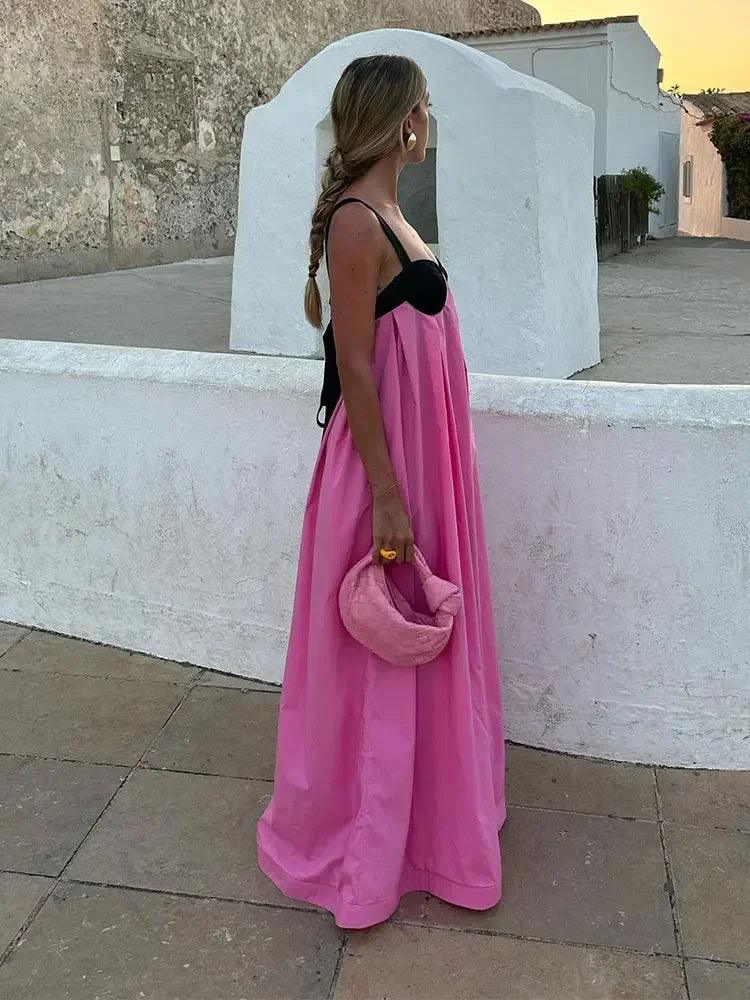 Contrast Elegance Maxi Dress | Pink Black | Formal | Cotton Blend - ZyraLux Kleding en accessoires