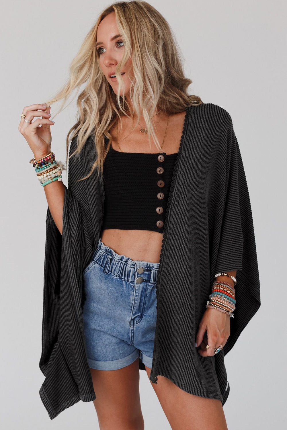 Zwarte geribbelde oversized kimono met kanten rand