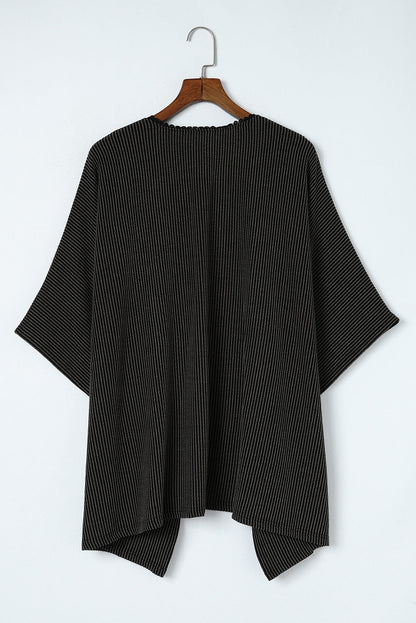 Zwarte geribbelde oversized kimono met kanten rand