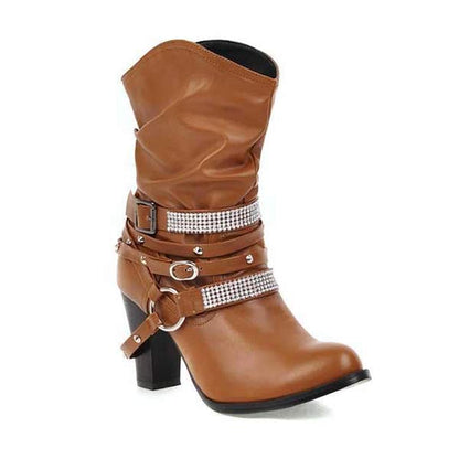 Dames Chunky Heel Rhinestone Riem Gesp Ronde Neus Laarzen 02680696C 