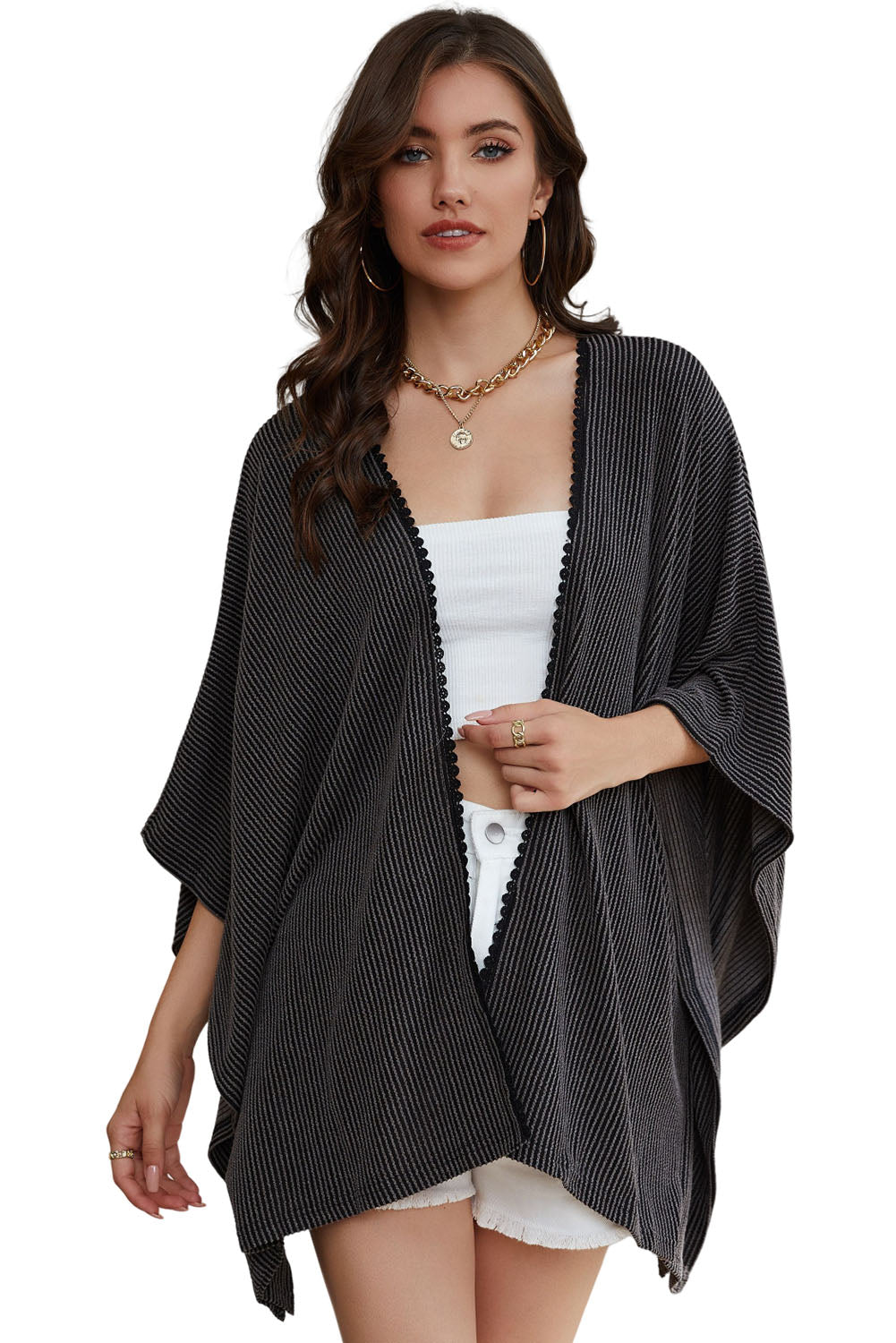 Zwarte geribbelde oversized kimono met kanten rand