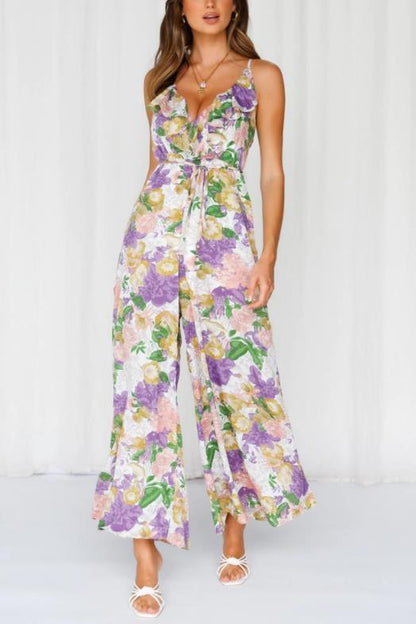 Pretty Purple Floral Print Wide Leg Jumpsuit - ZyraLux