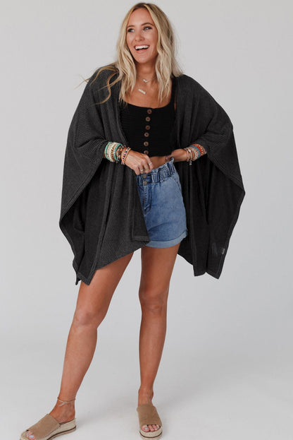 Zwarte geribbelde oversized kimono met kanten rand