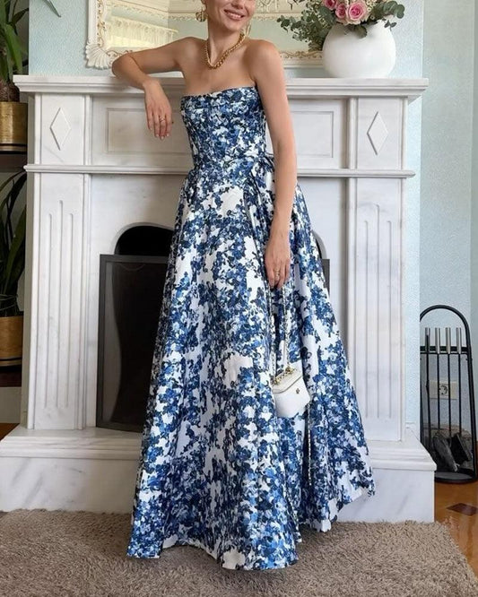 Strapless Floral Ball Gown | Blue | Evening Elegance | Brocade - ZyraLux Kleding en accessoires