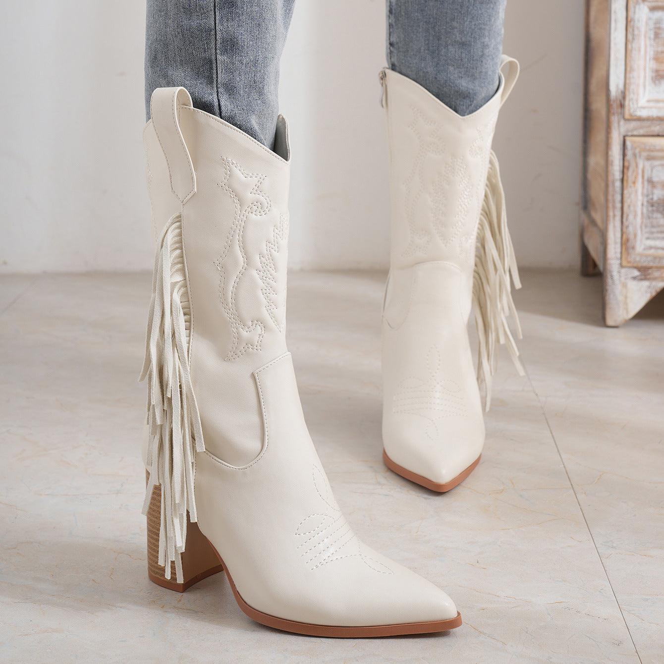 ZyraLux Dames Fringe Versierde Laarzen - Western Stijl - Modieus - Comfortabele Hoge Laarzen