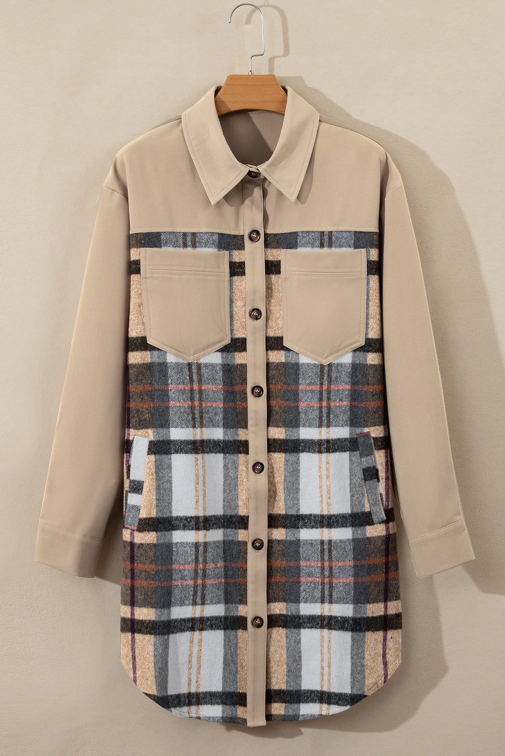 Chique Khaki Plaid Patchwork Lange Mouw Shirtjurk