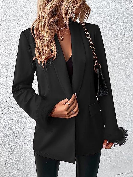 Fashionable Black Feather Long Sleeve Blazer Jacket - ZyraLux