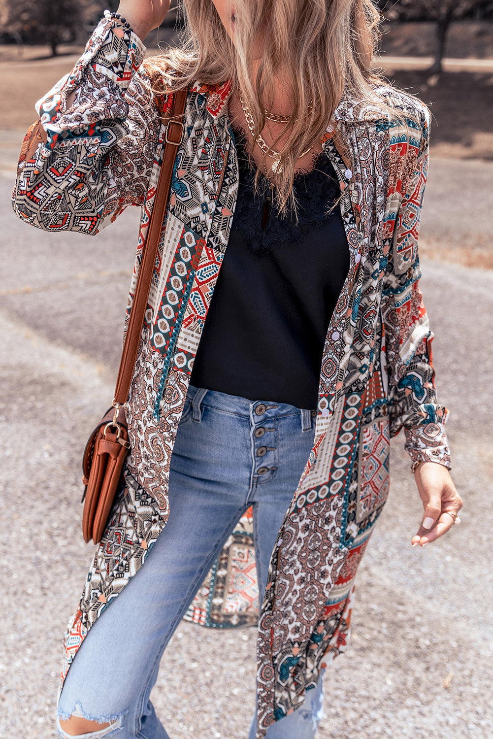 Veelkleurige Boho Mix Print Lange Kimono