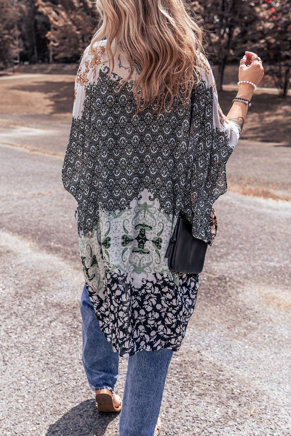 Groene Boho Bloemenprint Onregelmatige Zoom Flowy Kimono