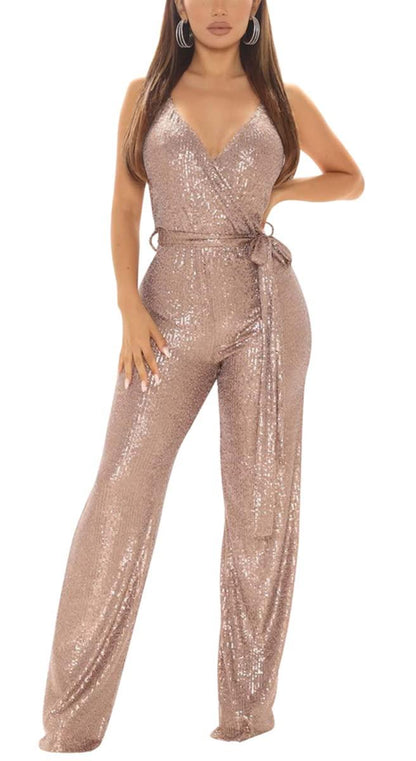 Gold Sequin Glitter Sleeveless Jumpsuit - ZyraLux