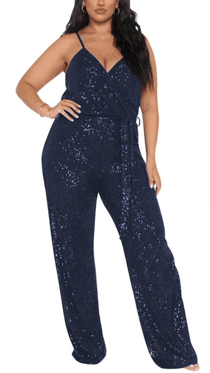 Navy Blue Sequin Glitter Sleeveless Jumpsuit - ZyraLux