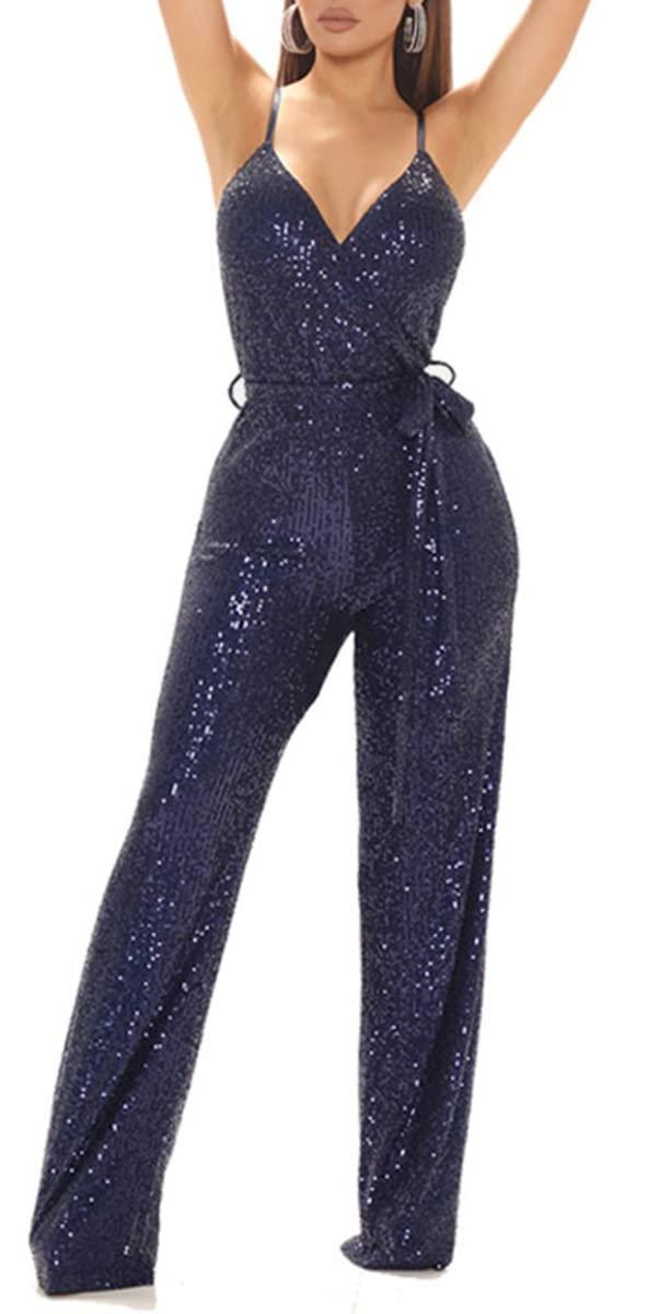 Navy Blue Sequin Glitter Sleeveless Jumpsuit - ZyraLux