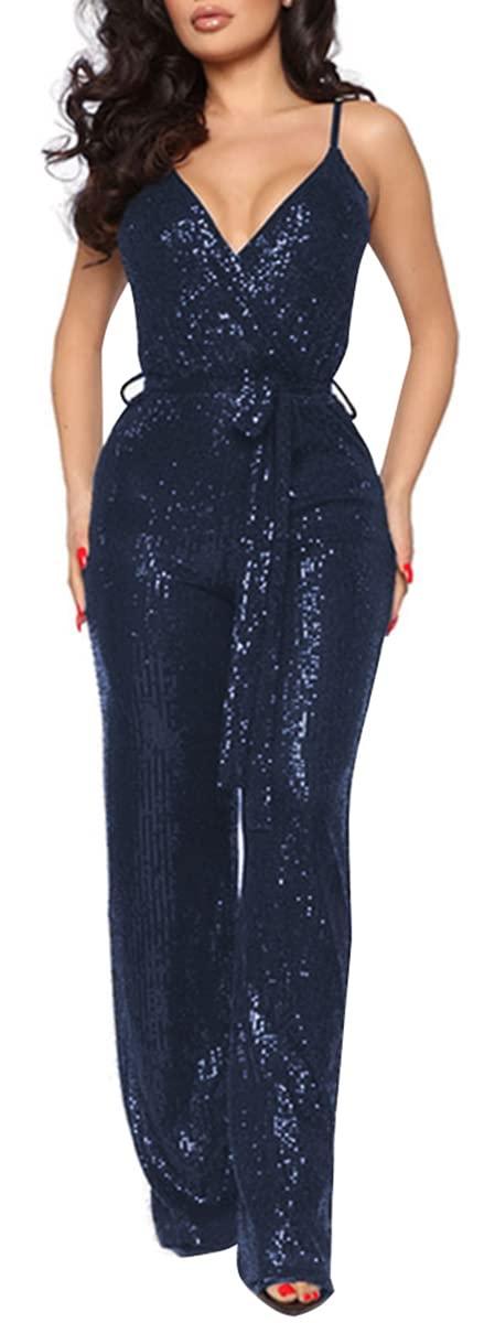 Navy Blue Sequin Glitter Sleeveless Jumpsuit - ZyraLux