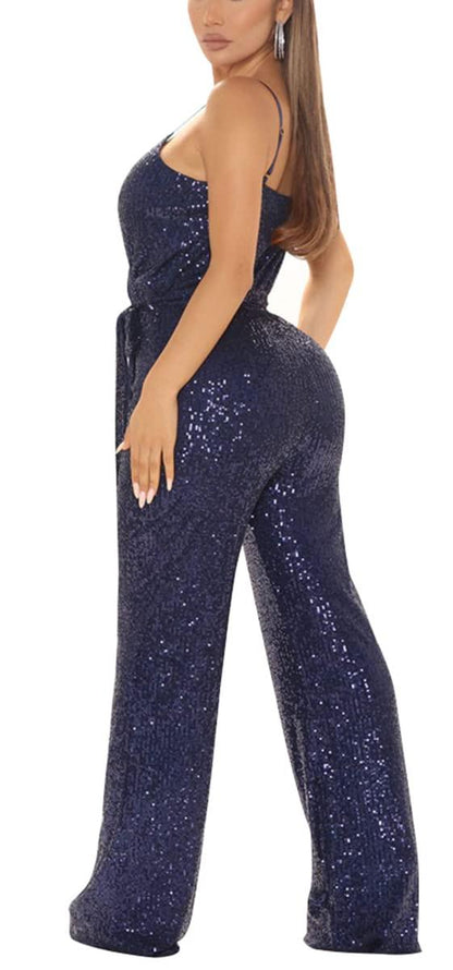 Navy Blue Sequin Glitter Sleeveless Jumpsuit - ZyraLux