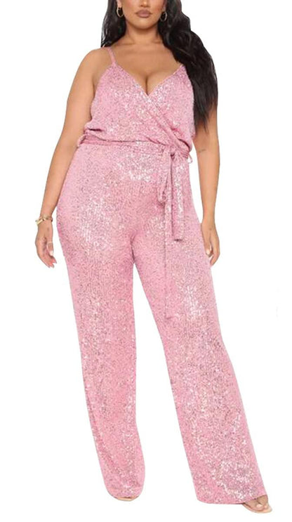 Soft Pink Sequin Glitter Sleeveless Jumpsuit - ZyraLux