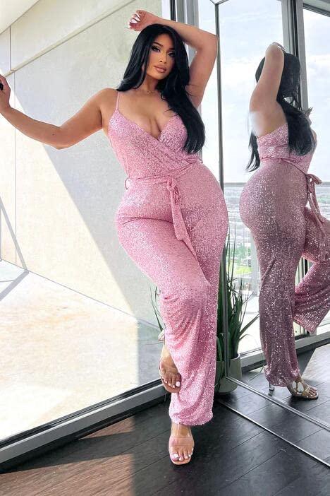 Soft Pink Sequin Glitter Sleeveless Jumpsuit - ZyraLux