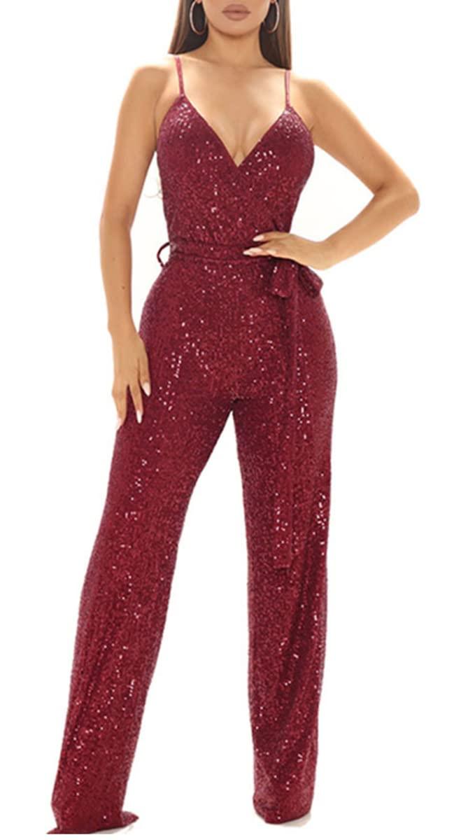 Red Sequin Glitter Sleeveless Jumpsuit - ZyraLux