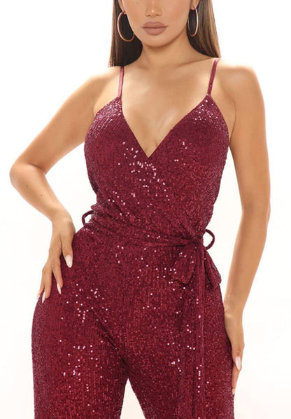 Red Sequin Glitter Sleeveless Jumpsuit - ZyraLux