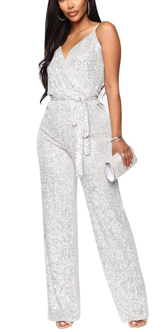 Silver Sequin Glitter Sleeveless Jumpsuit - ZyraLux