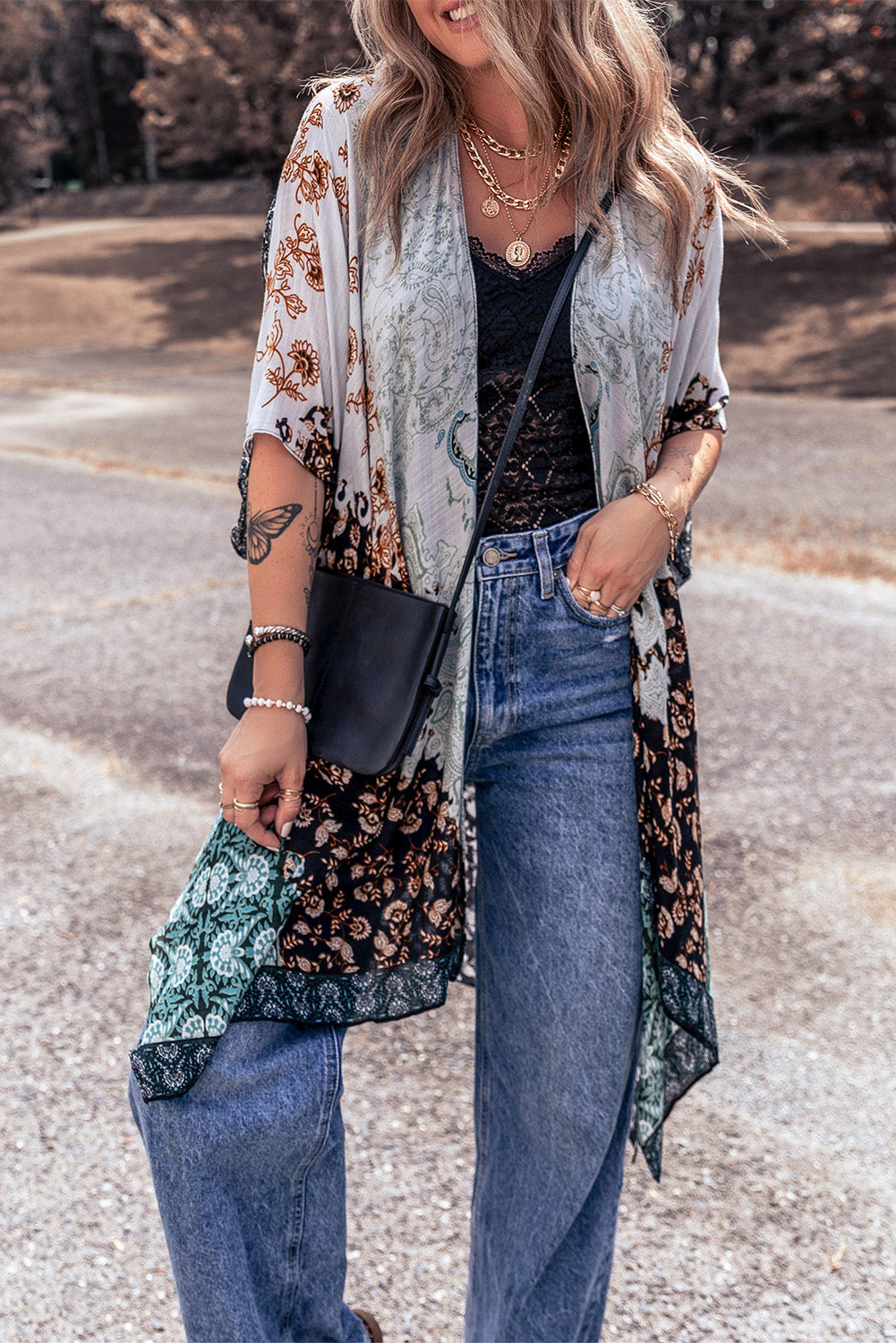 Groene Boho Bloemenprint Onregelmatige Zoom Flowy Kimono