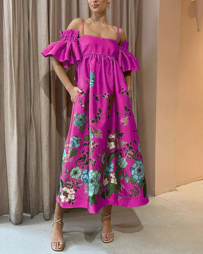 Floral Rhapsody Off-Shoulder Dress | Multicolor | Evening Glam | Satin Blend - ZyraLux Kleding en accessoires