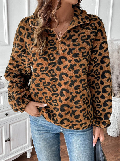 Chic luipaardprint sweatshirt met halve rits en lange mouwen