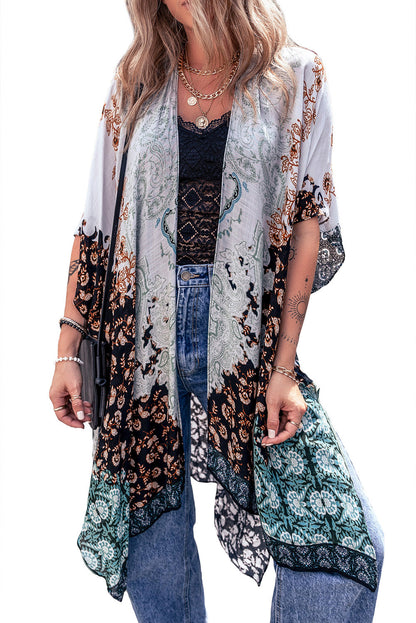 Groene Boho Bloemenprint Onregelmatige Zoom Flowy Kimono