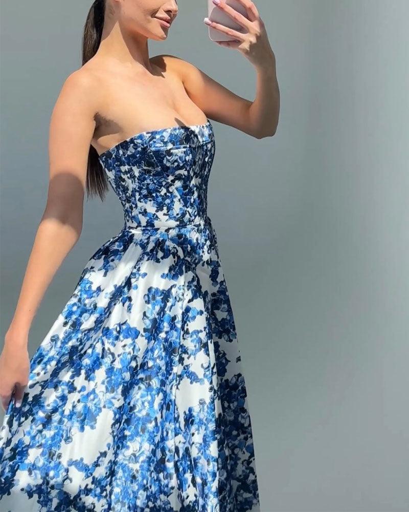 Strapless Floral Ball Gown | Blue | Evening Elegance | Brocade - ZyraLux Kleding en accessoires