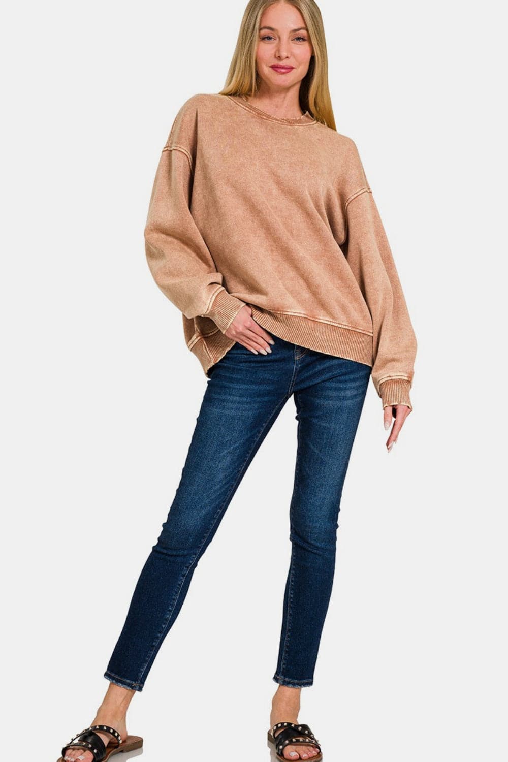 Chic Acid Wash Oversized Fleece Sweatshirt van Zenana