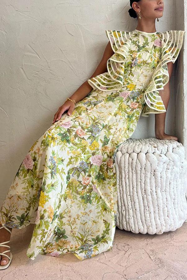 Garden Elegance Ruffled Maxi Dress | Green | Formal Chic | Silk Blend - ZyraLux Kleding en accessoires