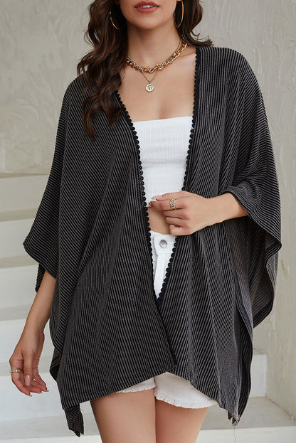 Zwarte geribbelde oversized kimono met kanten rand