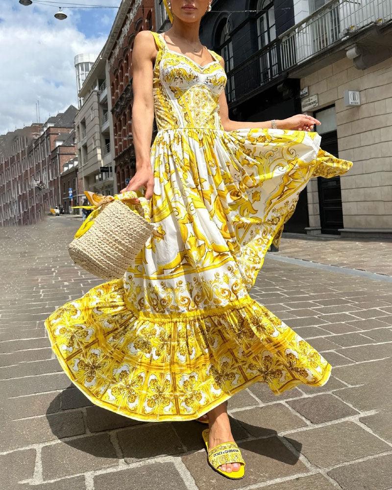 Baroque Print Maxi Dress | Yellow | Summer Elegance | Cotton - ZyraLux Kleding en accessoires