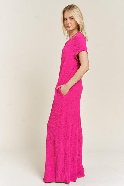 Loose Fit Fuschia Pink Textured Short Sleeve Jumpsuit - ZyraLux