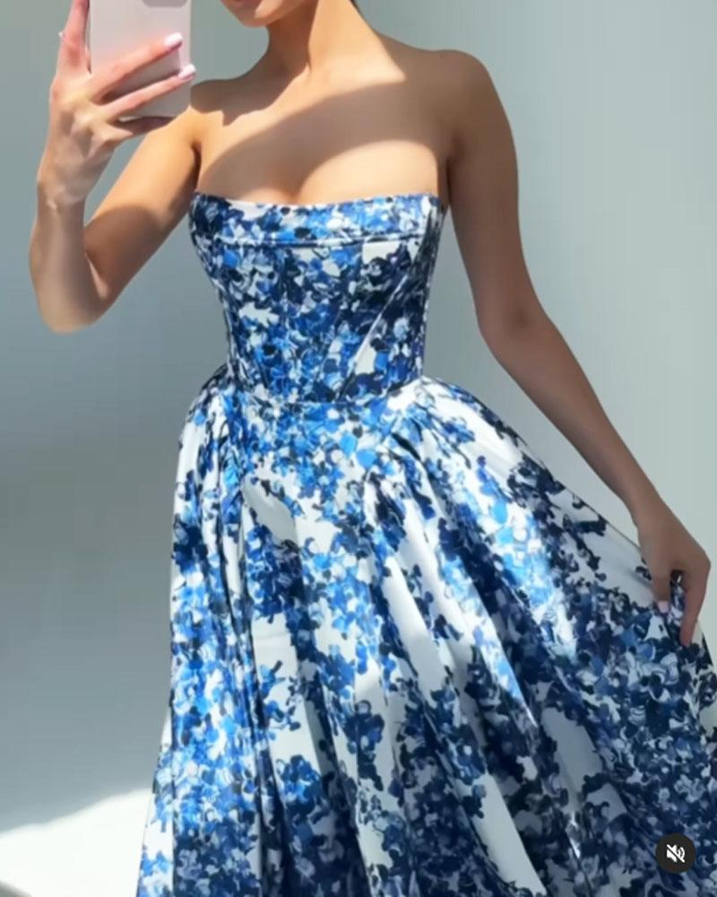 Strapless Floral Ball Gown | Blue | Evening Elegance | Brocade - ZyraLux Kleding en accessoires