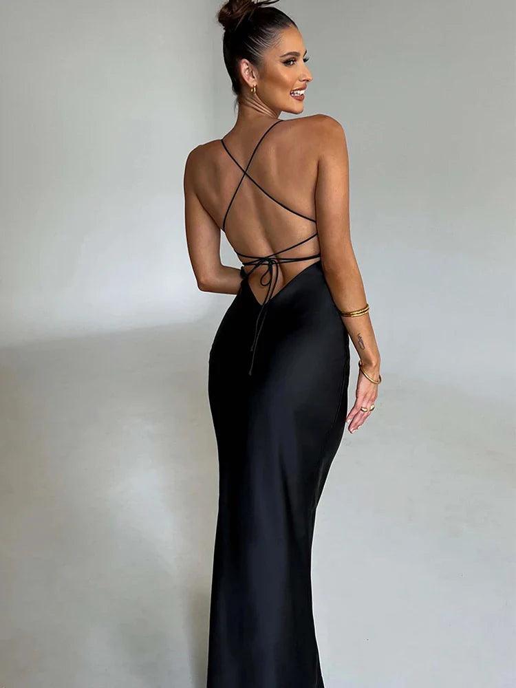 Satin Backless Lace-Up Mermaid Dress - Black - Satin - Elegant and Stylish - ZyraLux Kleding en accessoires