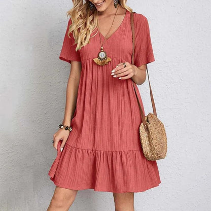 Short Sleeve V-Neck Summer Dress - Blue - Cotton - Light and Breezy - ZyraLux Kleding en accessoires