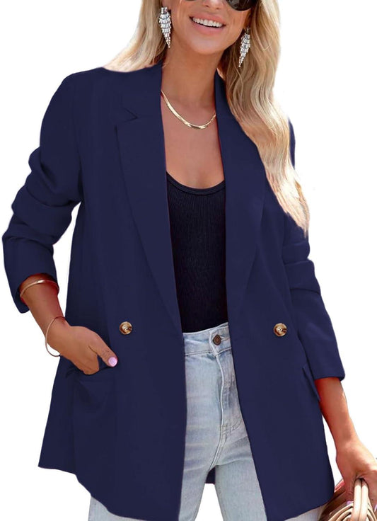 Navy Blue Modern Style Long Sleeve Blazer - ZyraLux