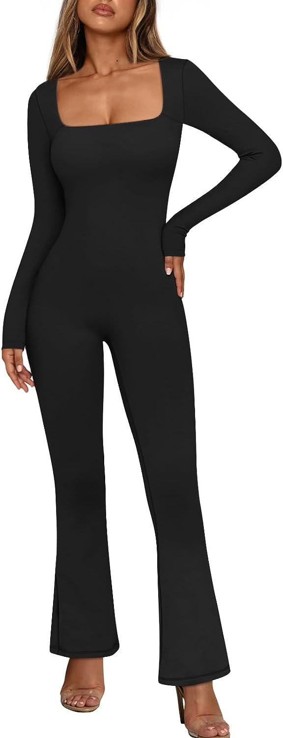 Chic Black Square Neck Long Sleeve Knit Jumpsuit - ZyraLux