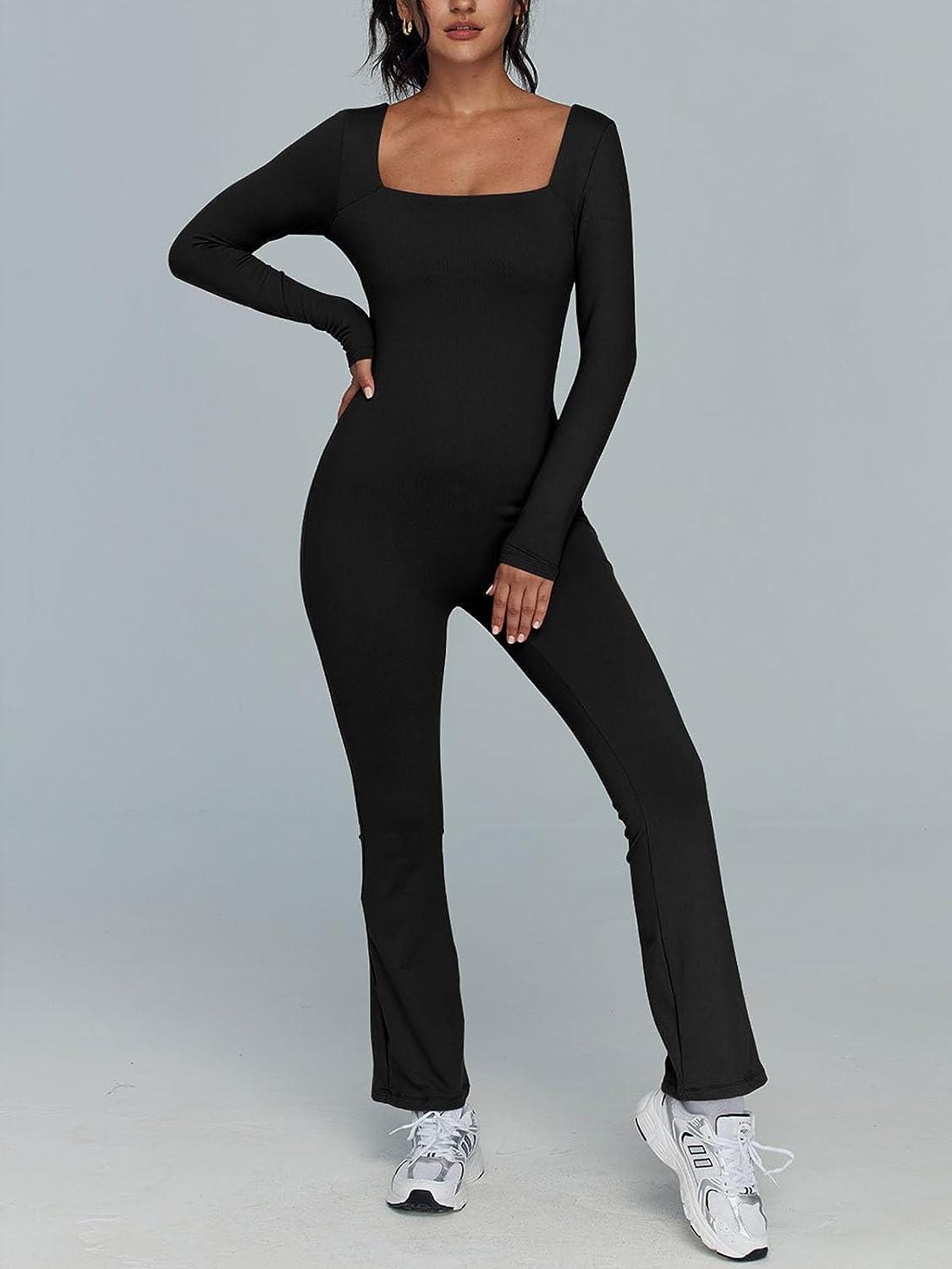 Chic Black Square Neck Long Sleeve Knit Jumpsuit - ZyraLux