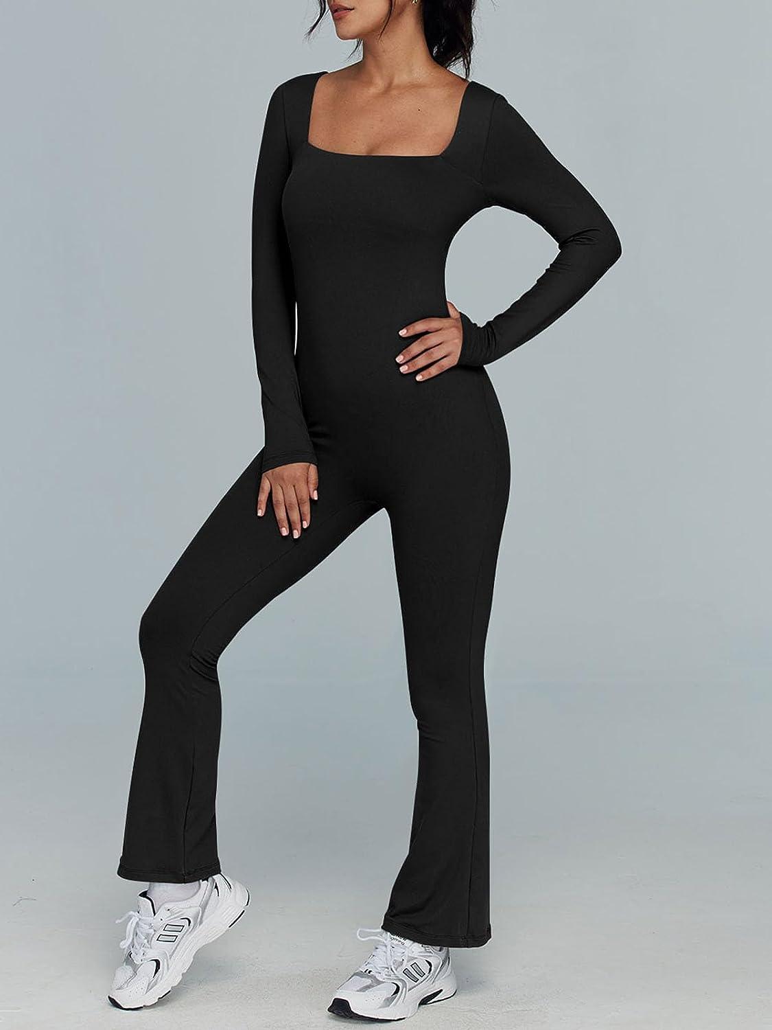 Chic Black Square Neck Long Sleeve Knit Jumpsuit - ZyraLux