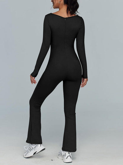 Chic Black Square Neck Long Sleeve Knit Jumpsuit - ZyraLux