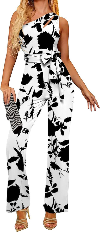 Witte bloemenprint jumpsuit met één schouder, uitgesneden riem en riem 