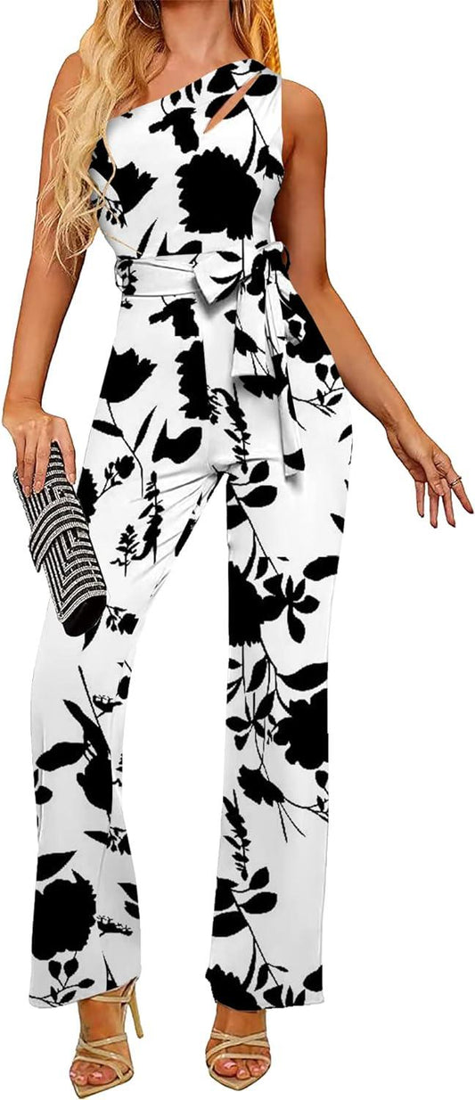 Witte bloemenprint jumpsuit met één schouder, uitgesneden riem en riem 