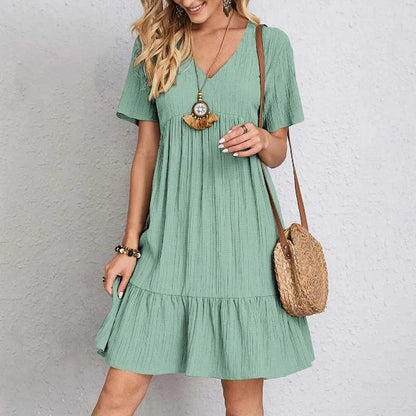 Short Sleeve V-Neck Summer Dress - Blue - Cotton - Light and Breezy - ZyraLux Kleding en accessoires