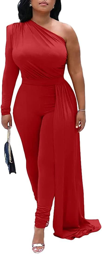 Elegant Red One Shoulder Bodycon Jumpsuit - ZyraLux