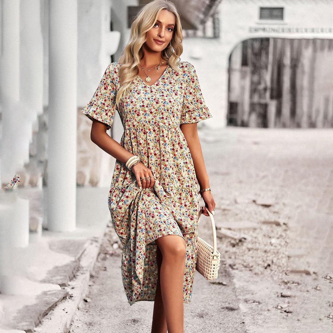 Boho Floral Midi Dress | Apricot | Lightweight Cotton | Perfect for Summer - ZyraLux Kleding en accessoires