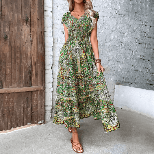 Bohemian Paisley Maxi Dress | Green | Rayon | Perfect for Casual Outings - ZyraLux Kleding en accessoires