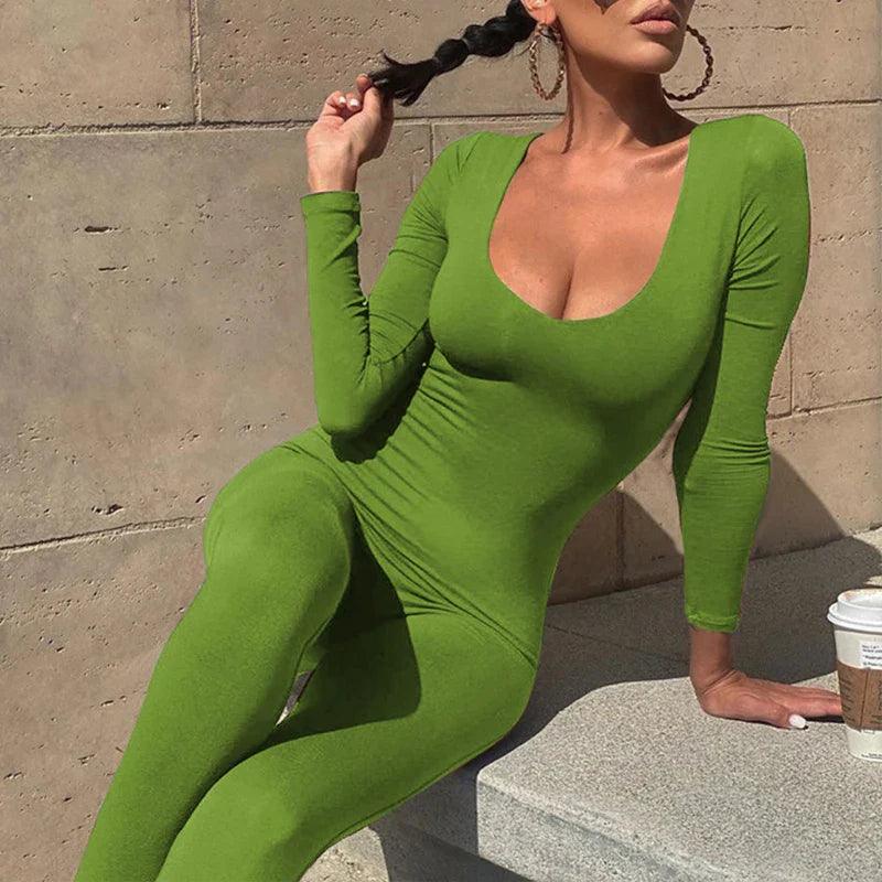 Black Spandex Long Sleeve Bodycon Jumpsuit - ZyraLux